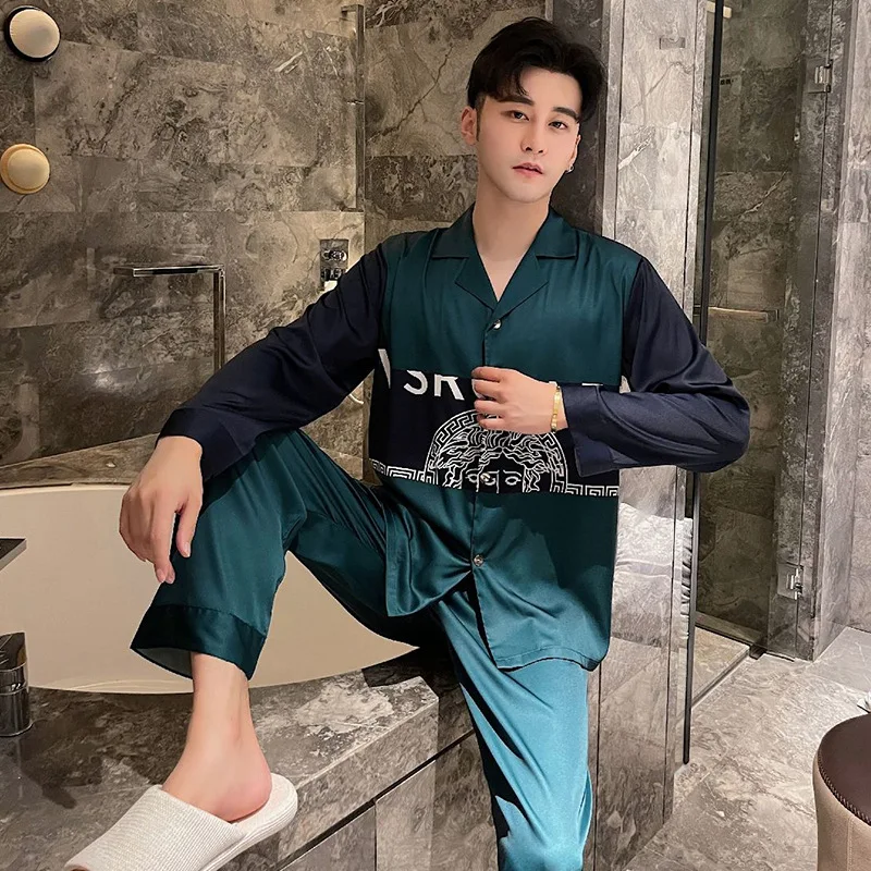 

Пижамный комплект мужской из вискозы, пикантная одежда для сна, брюки с длинным рукавом, свободные штаны с принтом надписи, домашняя одежда на пуговицах