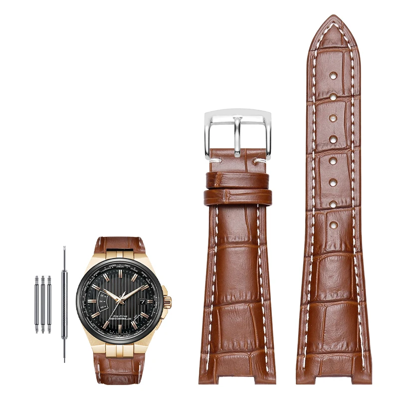 Genuine Leather Notched Watchband for Men's Watches, 24x13mm