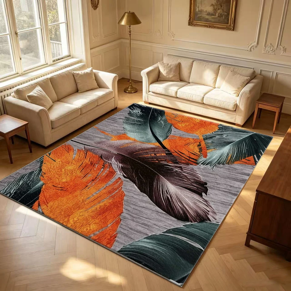 Vibrant Orange Green Feather Art Area Rug