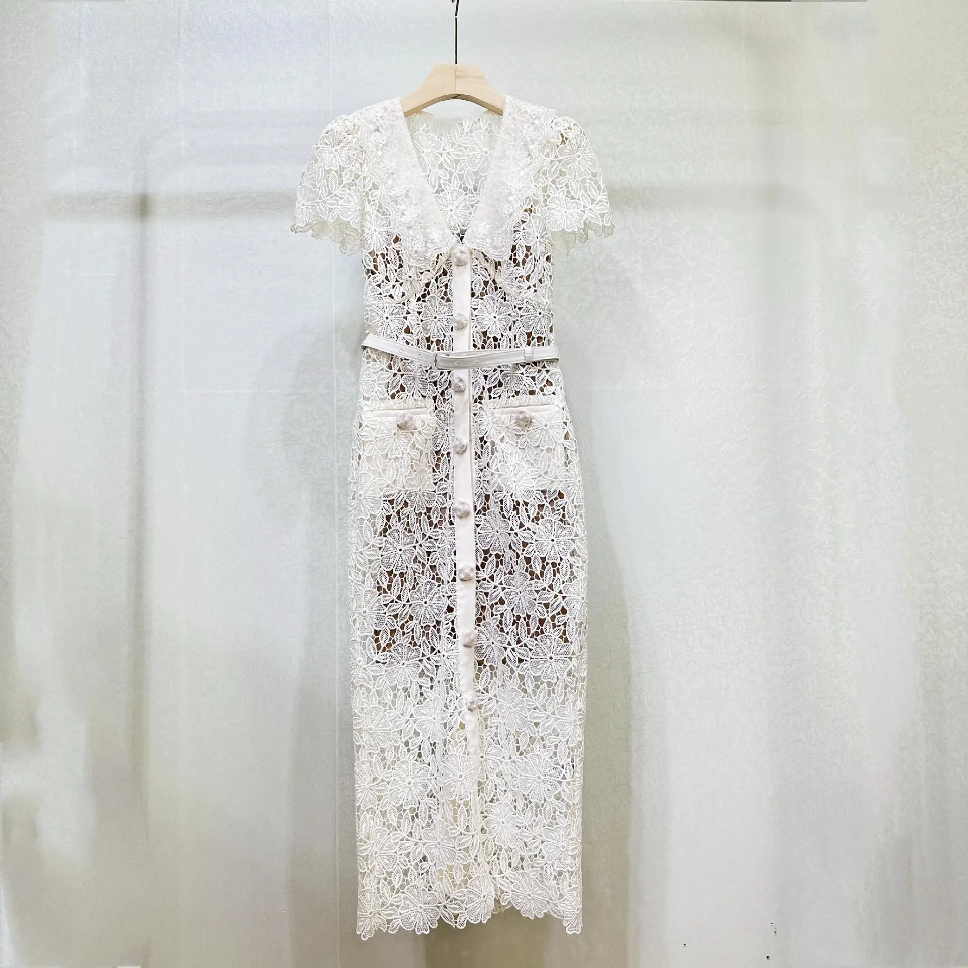 

Women Lace Hollow Robe Single Breasted V-Neck Short Sleeve Elegant Summer 2024 Midi Dress