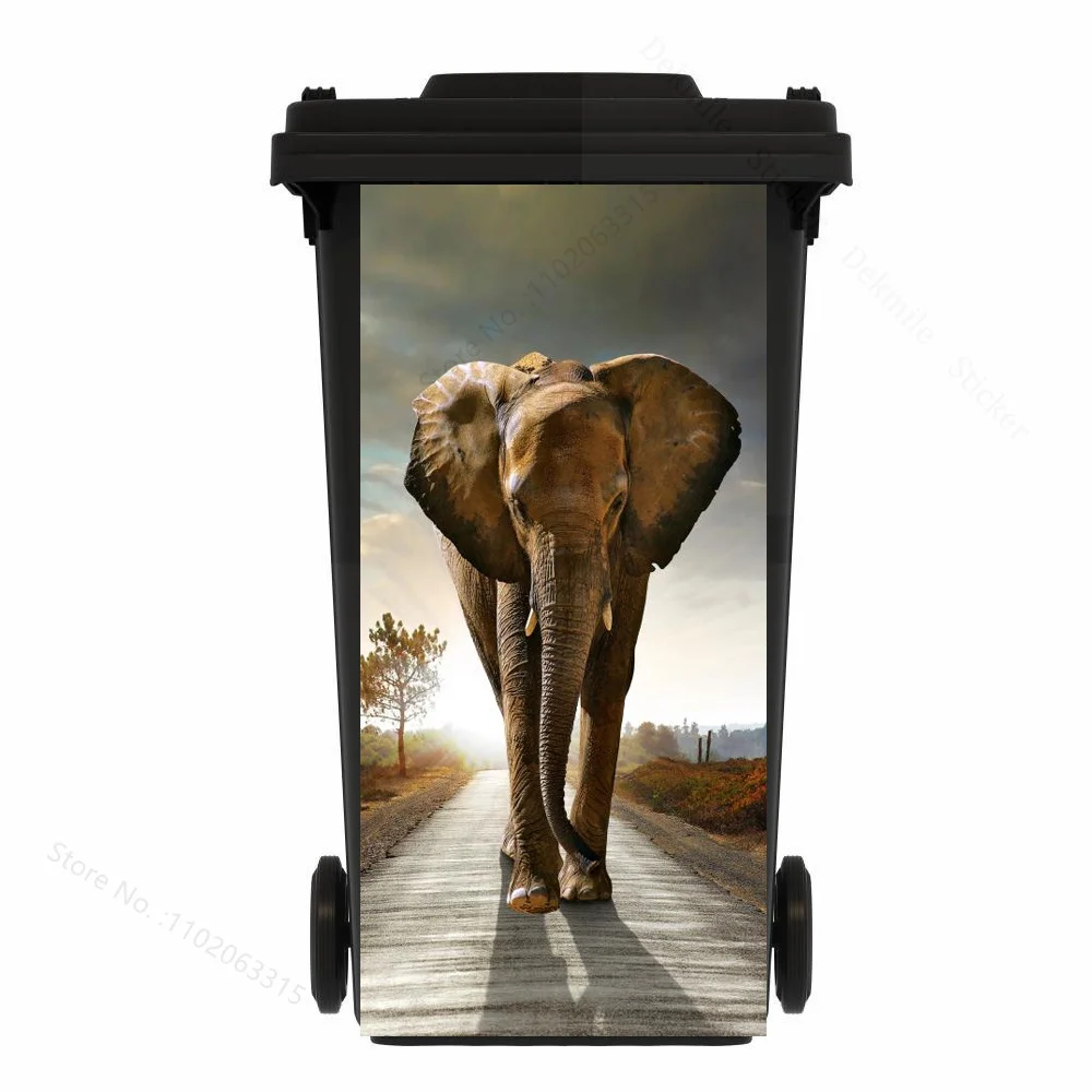 Trash Can Sticker Funny Cattle Animal Trash Can Sticker Outdoor PVC Waterproof Stickers Diy Garbage Bin Green Plant Leaves Peel and Stick Decals