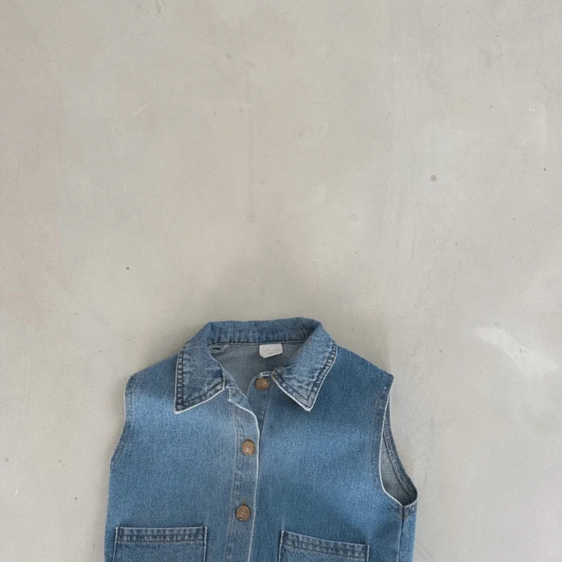 Newborn Baby Girl Boy Denim Jacket Infant Toddler Child Sleeveless Turn-down Collar Coat Solid Color Vest Baby Clothes 9M-7Y