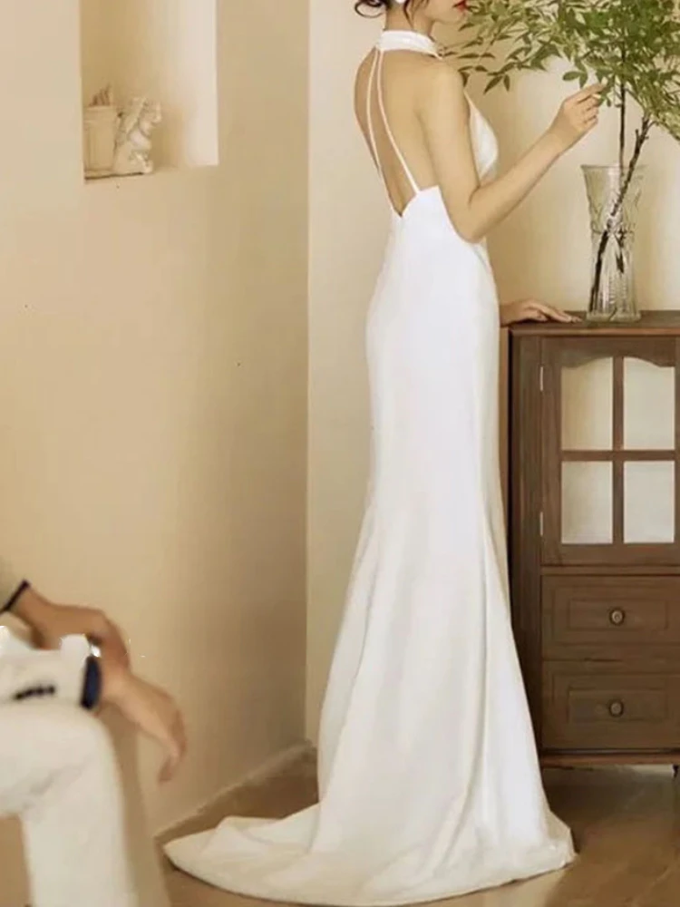 

Популярное современное французское облегающее платье без рукавов с лямкой на шее для свадебной вечеринки пикантное Длинное Элегантное платье с открытой спиной и юбкой-годе простое однотонное платье