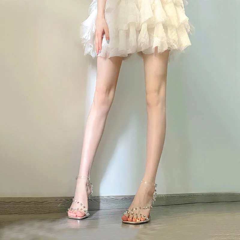 Transparent Sandals Women's Shoes 2024 Summer New Thin Heel Open Toe One Line with Sexy Rivet Style Square Head High Heels
