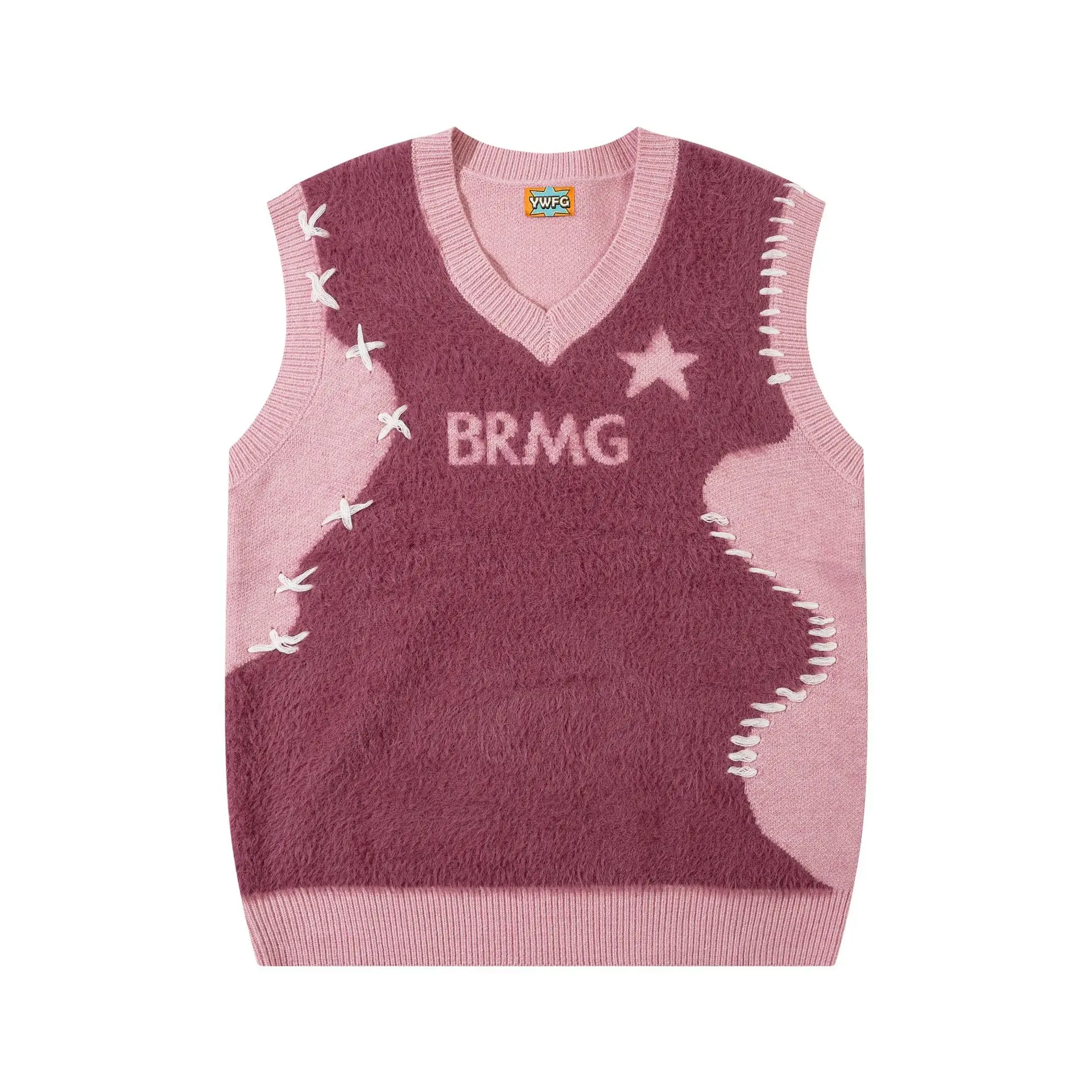 Description Picture 6 of itemAutumn Winter Sweater Vest Men Plush Patchwork Loose Sleeveless V-neck Sweaters Vest Harajuku Oversize Couple Knitwear Pullover
