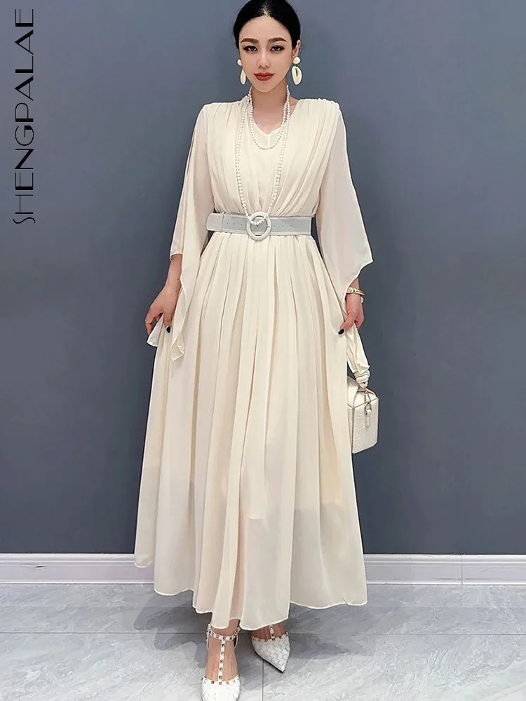 

Шифоновое платье SHENGPALAE, однотонное платье с V-образным вырезом и широкой юбкой, элегантная нежная женская одежда, 5R9670, весна-лето 2024