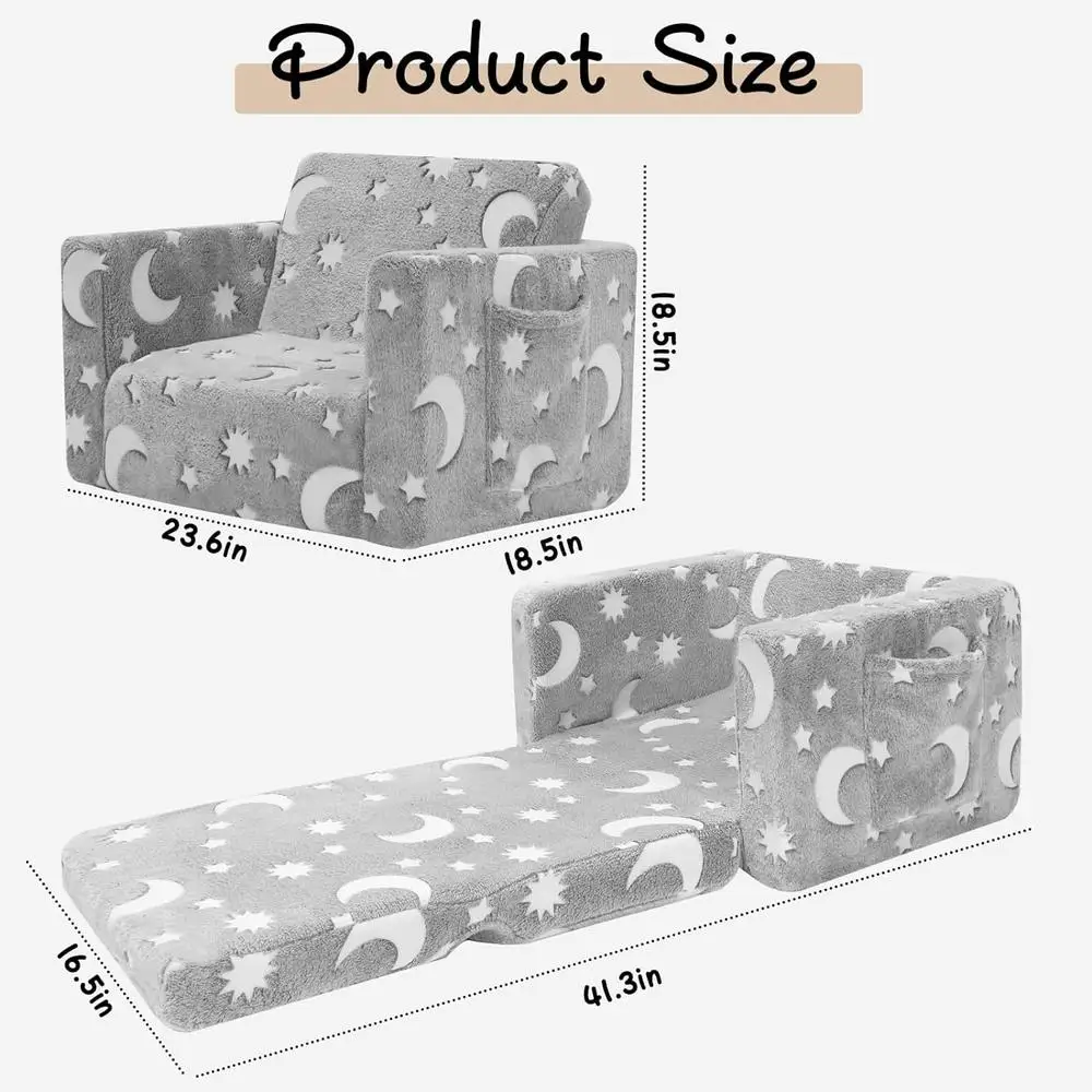 Toddler Couch 2 in 1 Folding Kids Sofa Glow in The Dark Comfy Sleeper Chair Plush Toddler Chair Indoor Kids Furniture 6