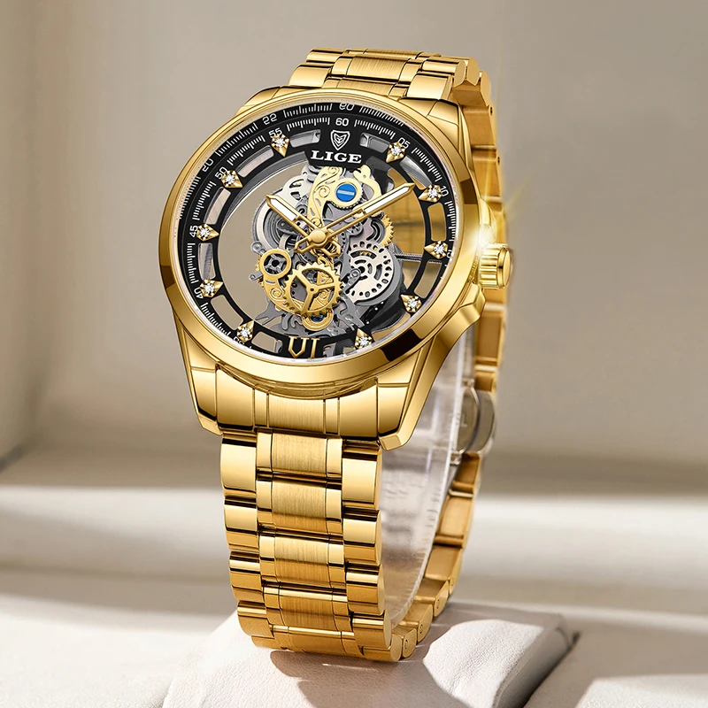LIGE Gold Skeleton Retro Luxury Men's Wristwatch