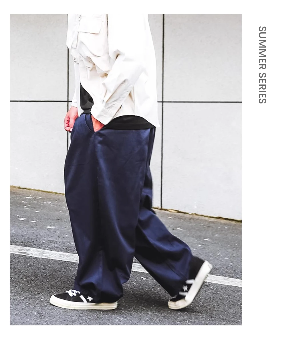 Solid Color Wide Leg Cargo Pants Mens Baggy Pleated Streetwear Elastic Waist Casual Loose Trousers Men