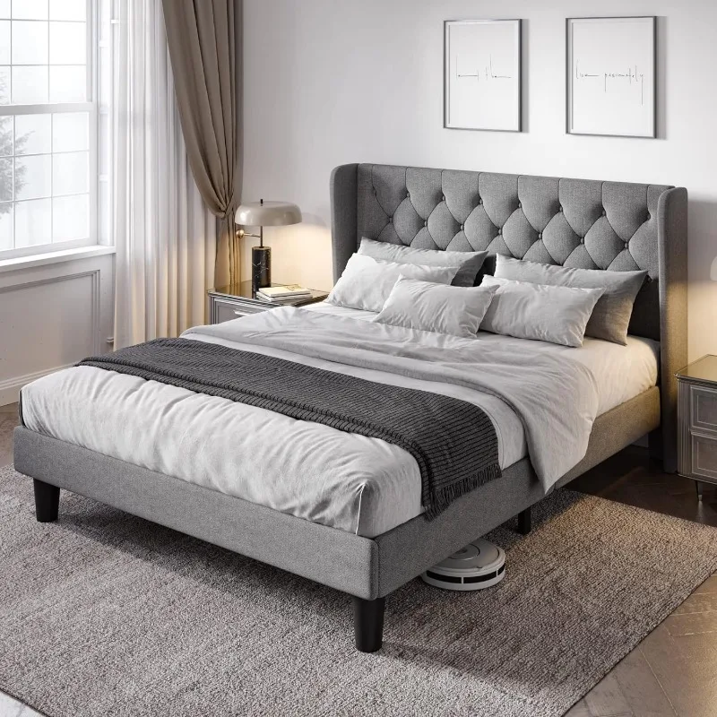 

Allewie Queen Size Bed Frame with Button Tufted Wingback Headboard, Modern Upholstered Bed Frame with Solid Wooden Slats Support