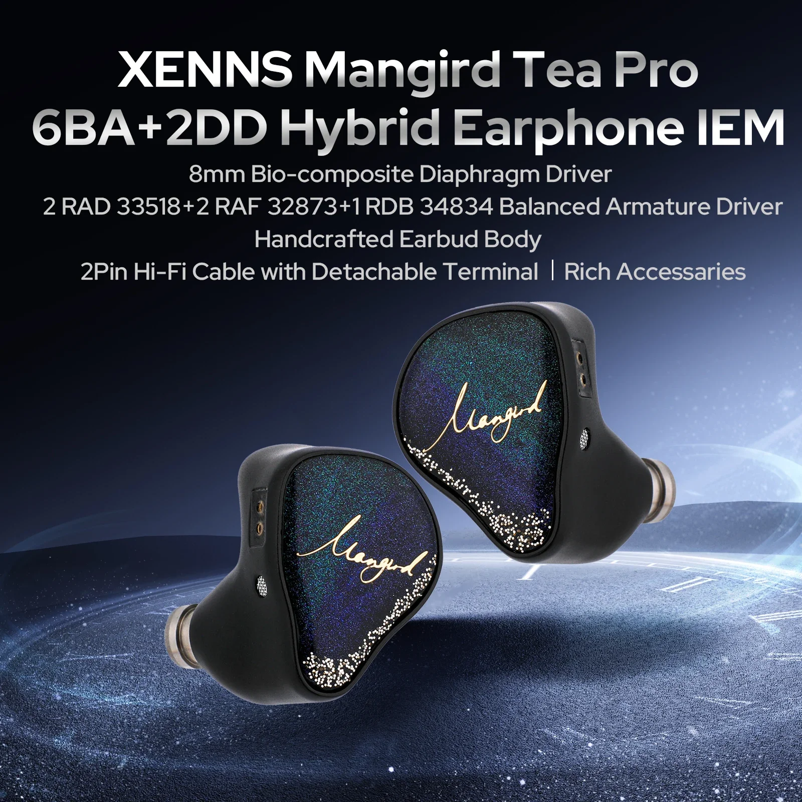 Xenns Mangird Tea Pro 2024 Updated 6BA + 2DD Hybrid Higher Performance IEM Hifi Headphones with Xenns Custom Cable 2