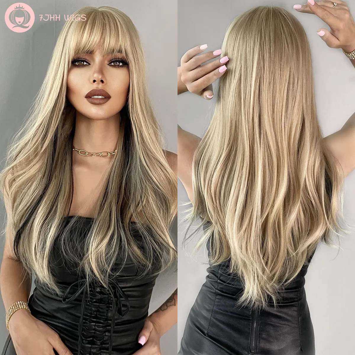 

7JHH WIGS Highlight Blonde Wig with Bang Layered Long Curly Hair Wigs Synthetic Natural Wig for Women Daily Used