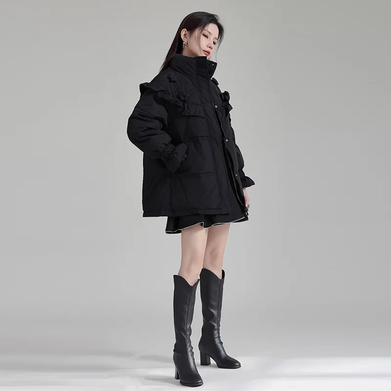 Fungus Edge Down Jacket for Women 2023 Winter White Duck Coats Stand Collar Floral Design Short Clothing Warm Thick Tops Parkas