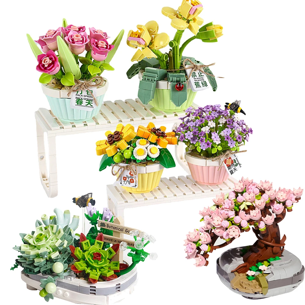 

Mini Bonsai Building Blocks Flowers DIY Creative Succulent Cherry Blossoms Plant Potted Bouquet Bricks Potted Ornaments Toy Gift