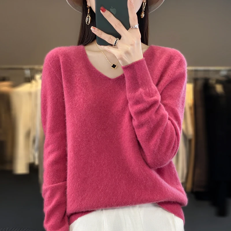 

Autumn and winter women's 100% pure Australian wool soft sweater seamless V-neck solid color pullover casual cashmere knit top