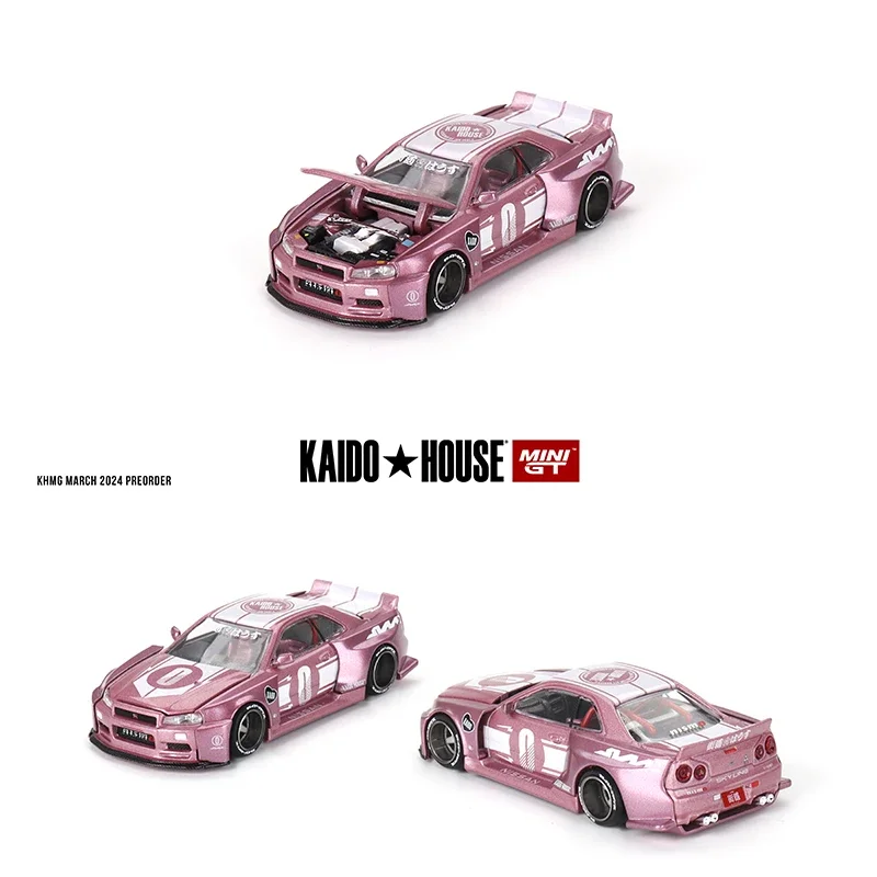 

**Pre Sale**MINIGT KHMG128 1:64 Skyline GTR R34 Racing Factory V1 Pink Openable Hood Diecast Diorama Car Model Kaido House