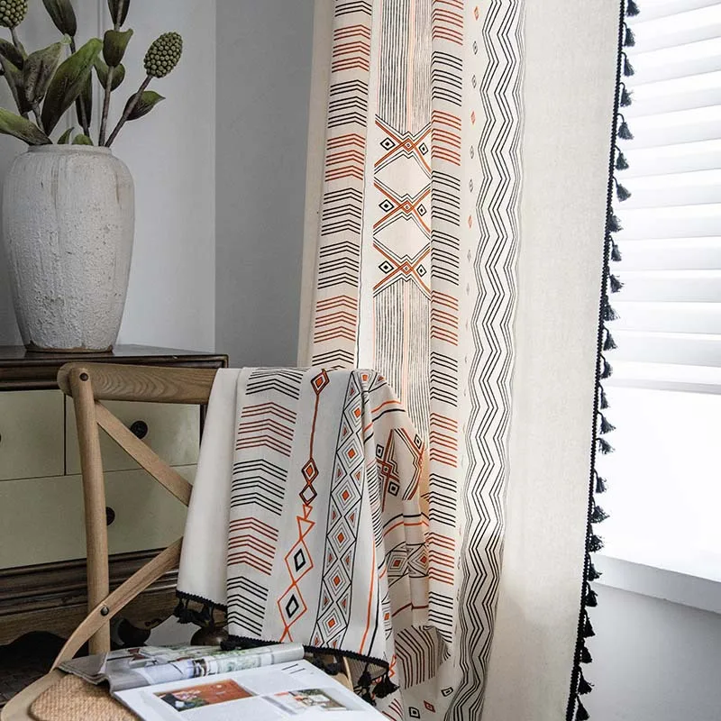 Boho Geometric Patterns Curtains Semi-Blackout Window Curtains for Living Room, Linen Tassels Farmhouse Curtains for Bedroom 2