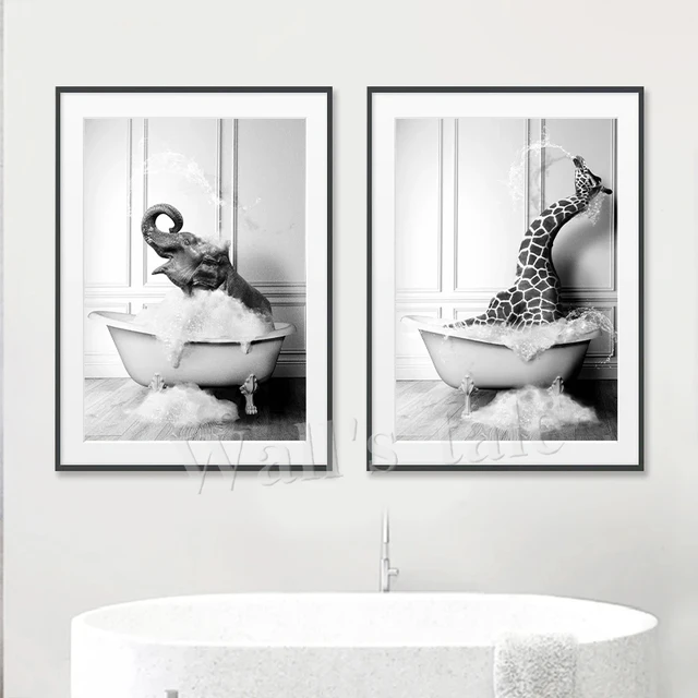 WADBTP Cuadros de baño, imágenes en blanco y negro, imágenes divertidas de  animales en la bañera