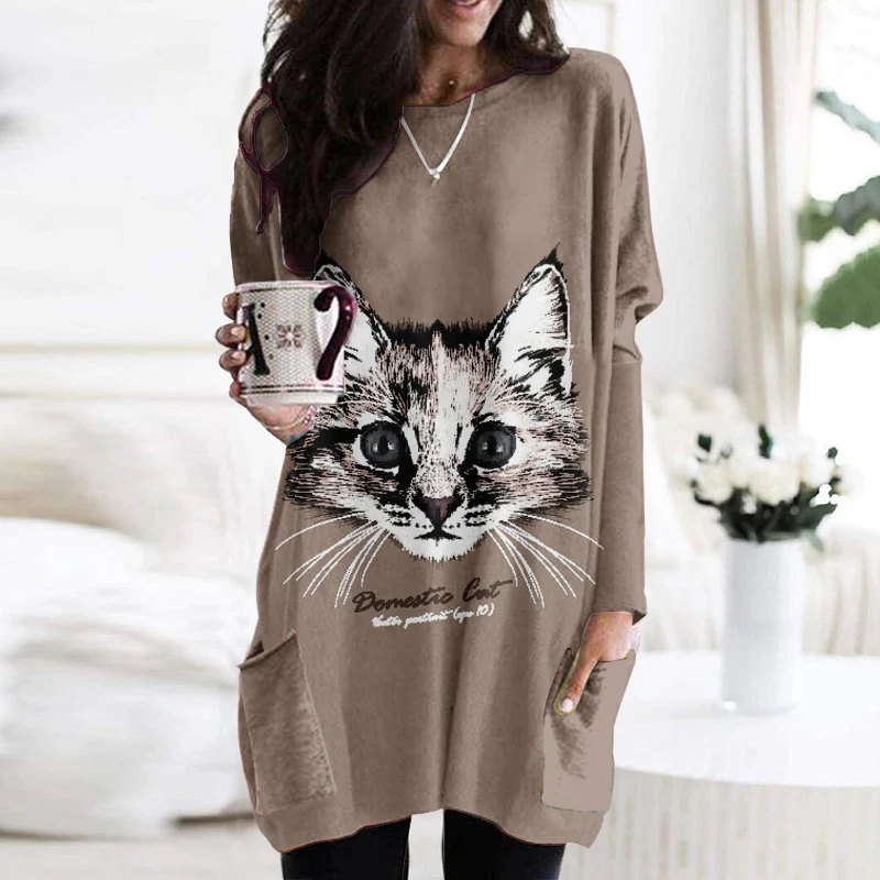 

Autumn 2023 New Long Sleeve Women's Fashion Vintage Sweater 3D Cute Cat Print Sweatshirt Y2K Pocket Casual Top Women's Wear