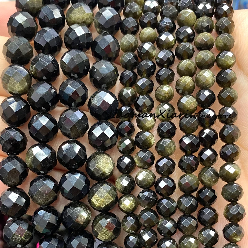 6 8 10MM Natural Stone AAA Golden Obsidian Faceted Round Spacer Beads for Jewelry Making Diy Bracelet Charms Accessories 3
