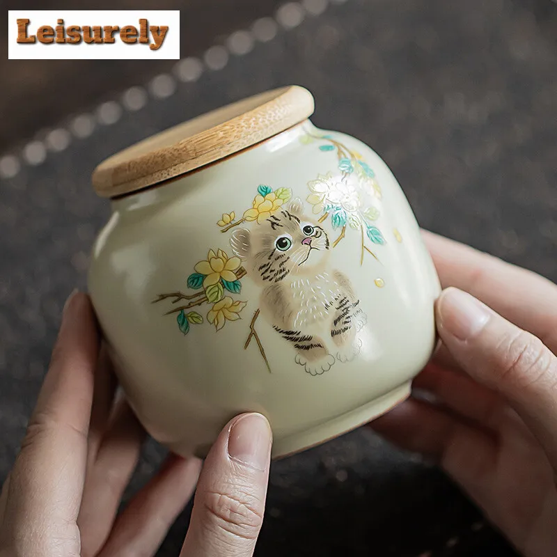 250ml Cream Ru Kiln Tea Box Organizer Portable Mini Moisture-proof Rabbit Storage Tank Containers Tea Caddy Teaset Decoration