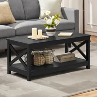 Wood 2-Tier Black Coffee Table with Storage Shelf for Living Room, X Design Accent Cocktail Table, Easy Assembly Home Furniture 2
