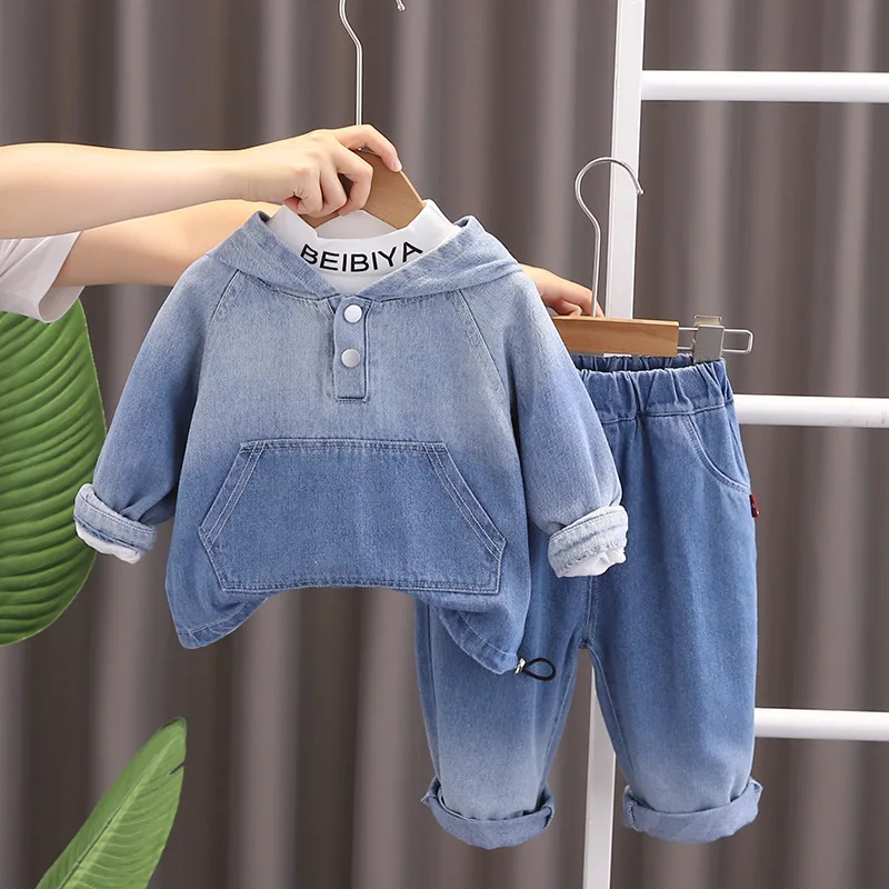 

Boys Soft Denim Clothes Sets Spring Autumn Children Hoodies Coats T-shirt Pants 2pcs Tracksuits For Baby Girls Suit Kids Outfits