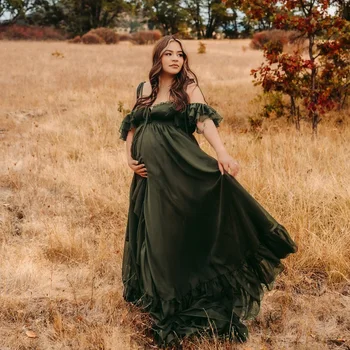 Dark Green Camisole Tulle Dress Photo Shoot Pregnant Photography Dress For Women Elegant Photography Studio Costumes 1