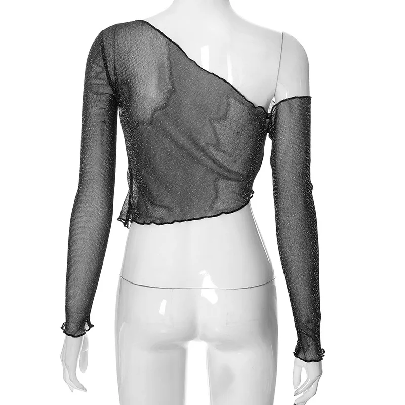 Top corto de un solo hombro con purpurina negra transparente, ajustado, liso, para mujer, top sexy de malla Y2K para fiesta, verano 2025