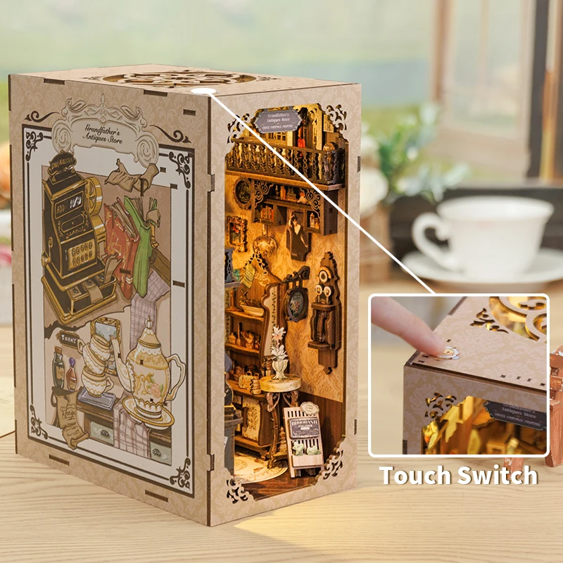 CUTEBEE DIY Book Nook Dollhouse Booknook with Touch Light Dust Cover Bookshelf Insert for Decor Gift Antique Shop of Grandfather 4