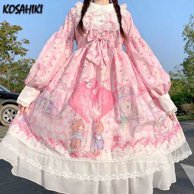 KOSAHIKI Lolita Style Sweet Dress Women Cartoon Bear Sister
