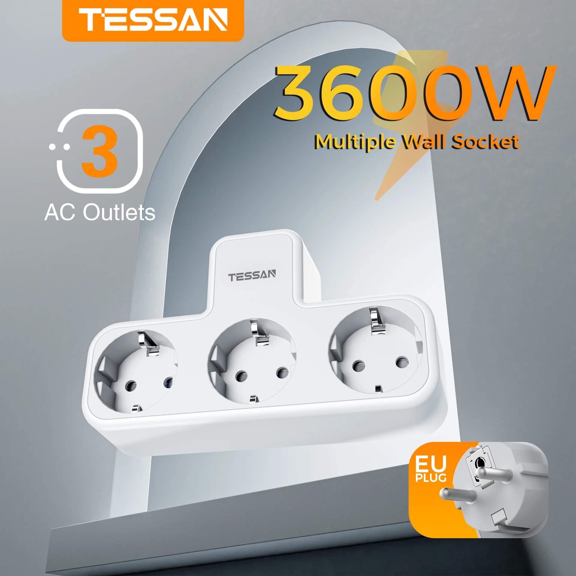 Plug Adapter Power Plug Adapter Wall Socket Extender TESSAN Multiple Socket Adapter with 3 Outlets 3600W European Plug Wall Socket Extender with Overload Protection For Home Office