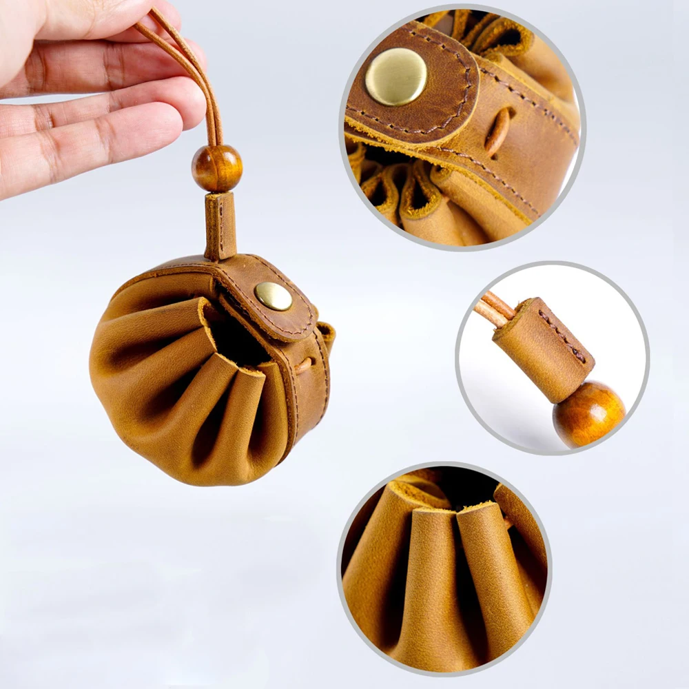 Handmade Leather Drawstring Pouch Portable Cowhide Coin Purse Mini Wallet Stationery Holder
