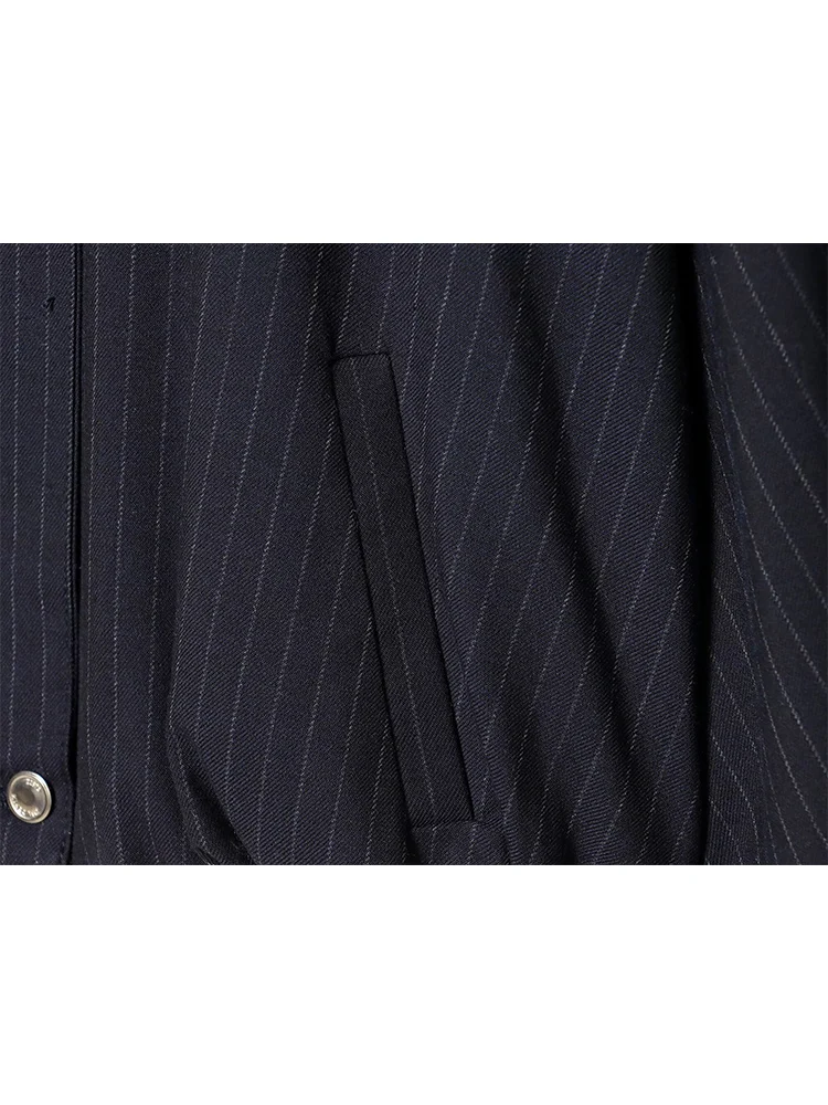 Spring New Women Fashion Striped Bomber Jacket Long Sleeves Stand Collar Loose Fit Short Coat Female Chic Pockets Jacket