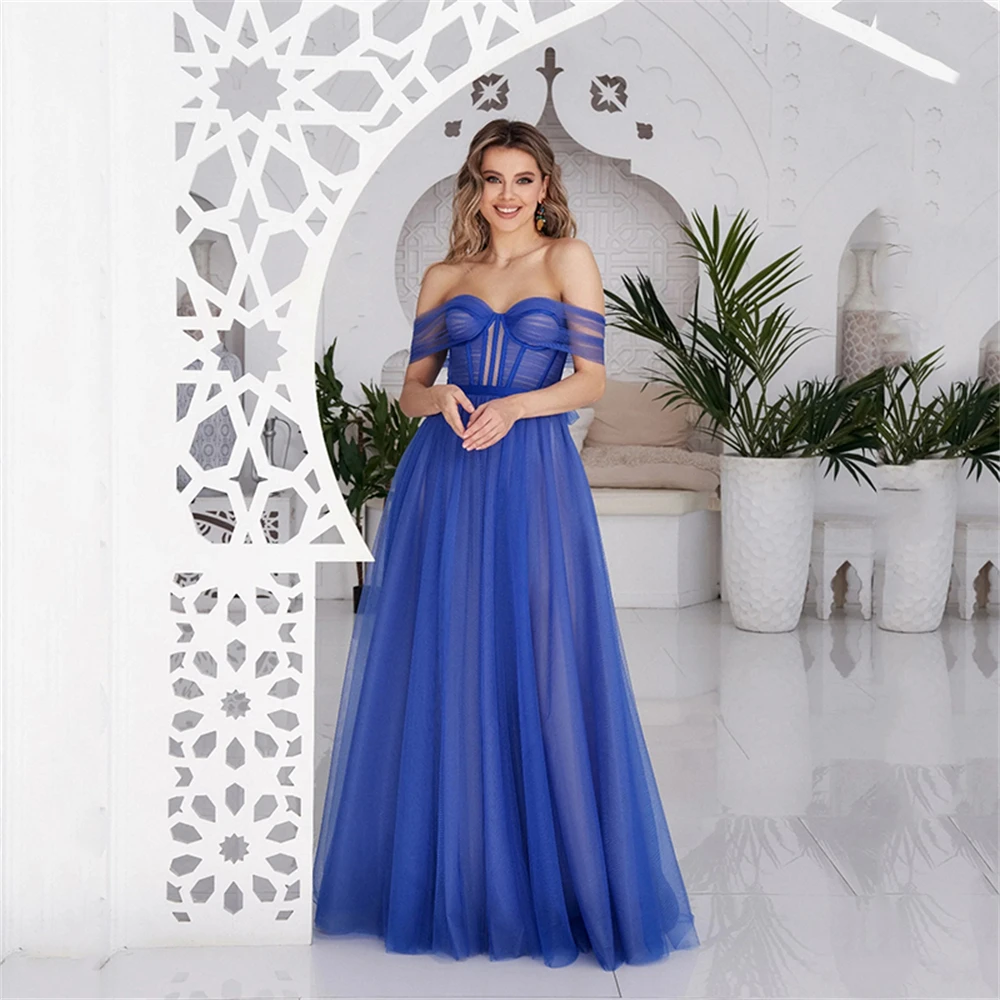 

Sumnus Dark Blue A-Line Evening Dresses Tulle Sweetheart Off the Shoulder Prom Dress New Arrive Party Gowns Homecoming