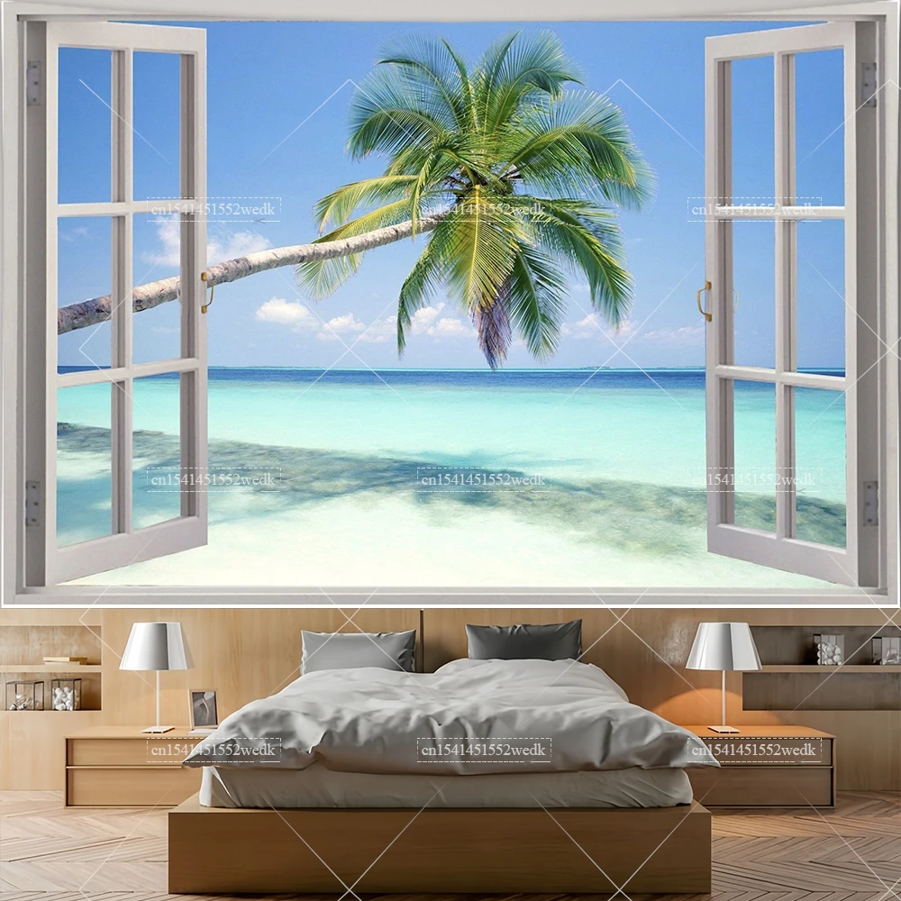 Wald Fenster Wandteppich Wandbehang Naturansicht Meer Landschaft Wandteppiche Ästhetische Schlafzimmerdekoration 3D-gedruckte Tapeten – Detail 4