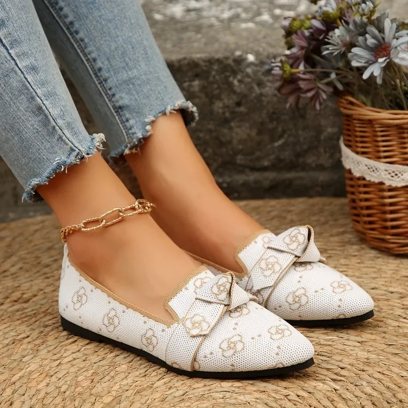 2024 Women's Knitted Slip on Flats Breathable Comfortable Solid Color Flat Shoes Casual Pointed Toe Walking Shoes Women Loafers 4