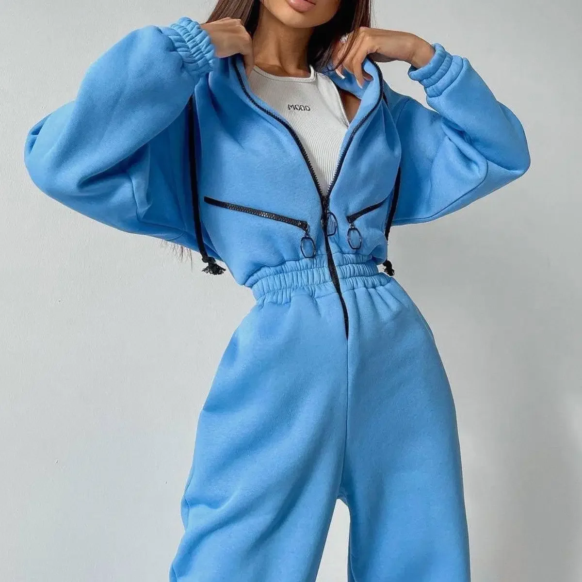 

New Fleece Lined Hoodies Jumpsuit Women Elegant Zipper One Piece Outfit Long sleeve Overalls Winter Sportwear Rompers Tracksuits