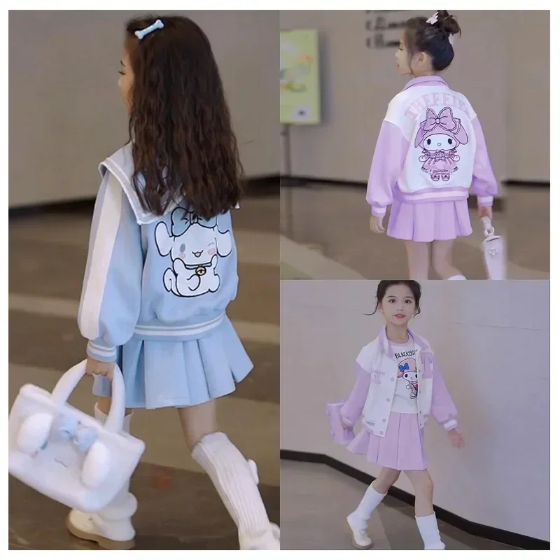 

Детская бейсбольная куртка Sanrios My Melody Cinnamoroll с милым принтом JK, плиссированная юбка, кавайное пальто в стиле академии, короткая юбка
