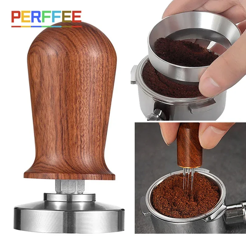 Pressino espresso V5, 58,3 mm, 2 pressino calibrato a molla con base ondulata in acciaio inox, manico in noce, compatibile con portafiltro per macchine espresso serie Gaggia e gruppo E61 da 58