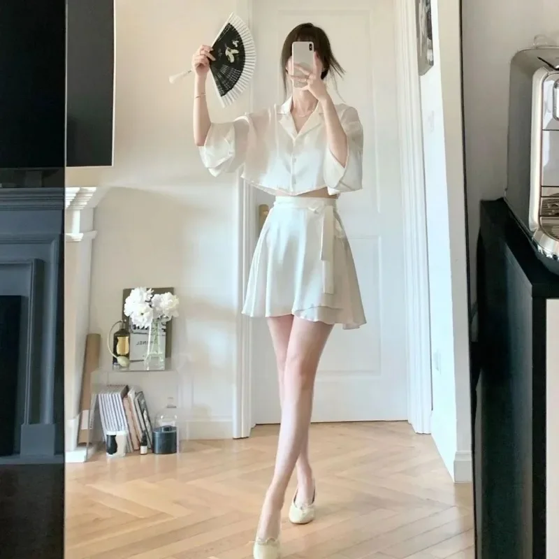 Premium Sense of Ice Silk Pajamas Female New Summer Models Elegant Home Wear Solid Color Top Short Skirt Suit Women's Pajamas