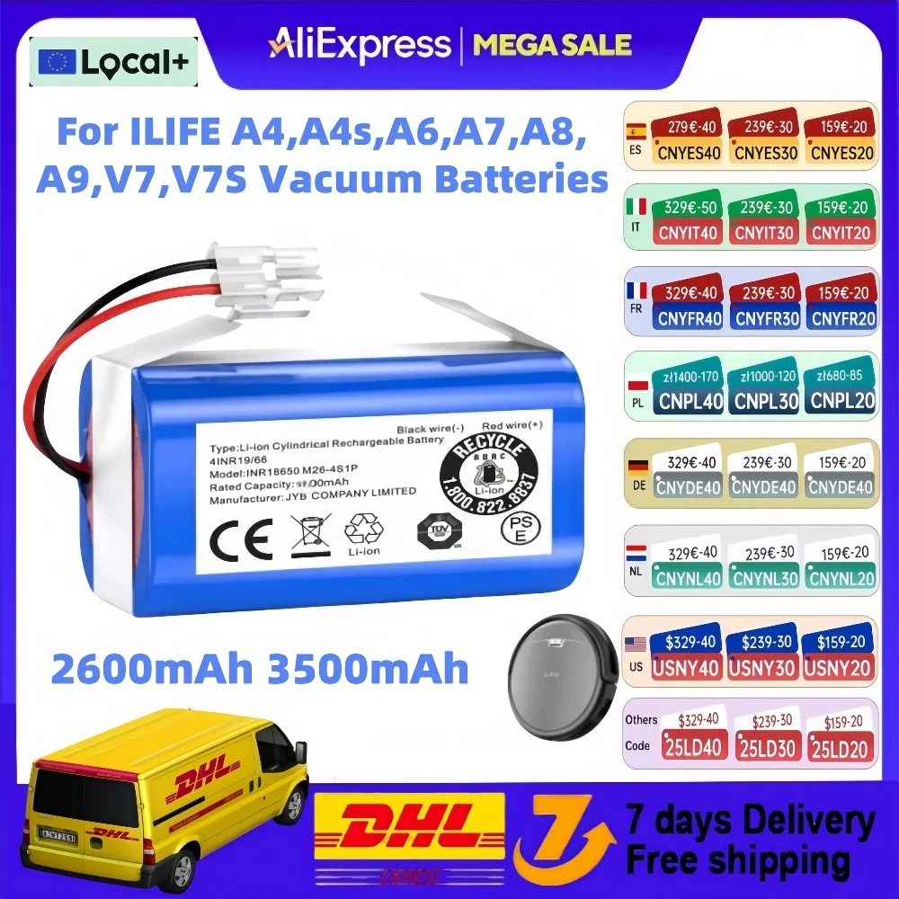Original 14,8 V 2600 mah 3500 mah Lithium-Batterie Für ILIFE A4 A4s V7 A6 V7s Plus Roboter Staubsauger INR18650 m26-4S1P batterie
