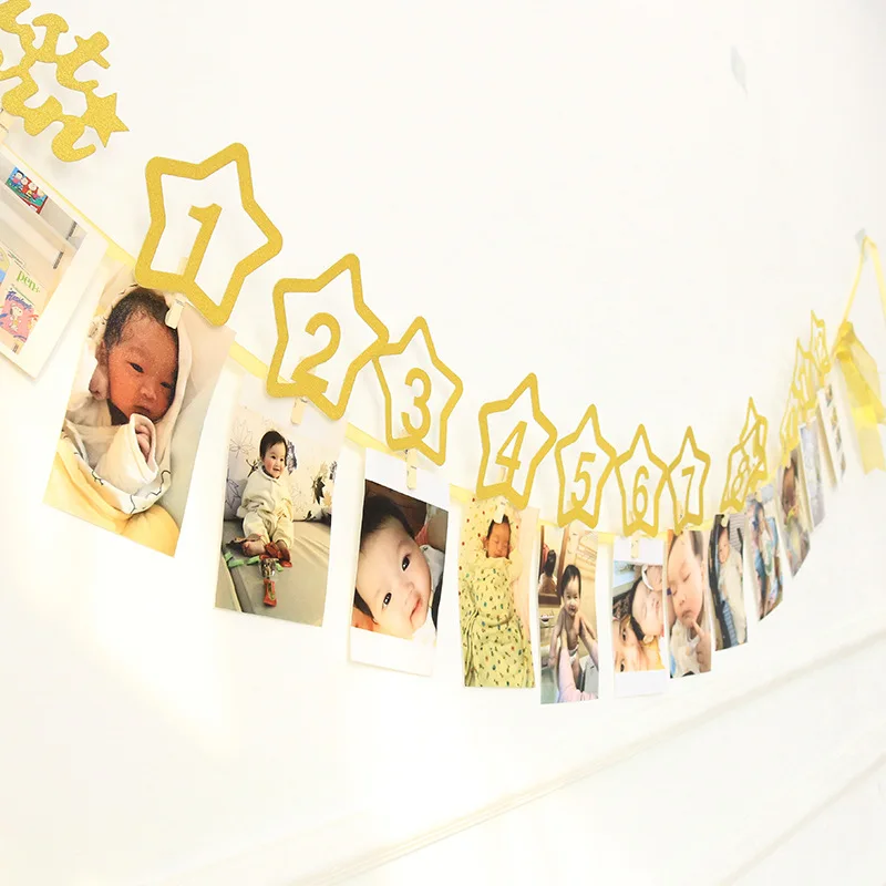 Party Decorations 12 Months Photo Frame Banner First Happy Birthday 1st Baby Boy Girl One Year Birthday Supplies