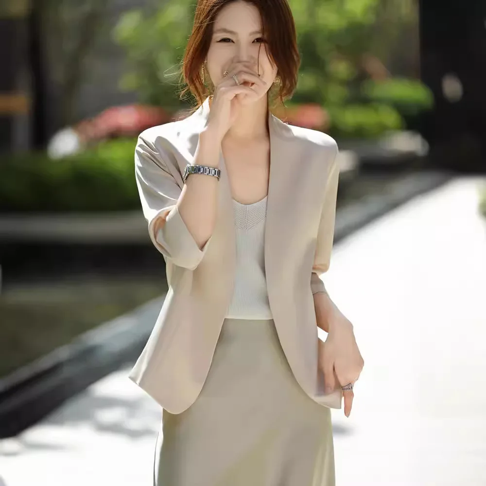 

Новинка весна-лето 2024, Женский блейзер HOO без воротника, короткая деловая одежда, легкий дышащий блейзер