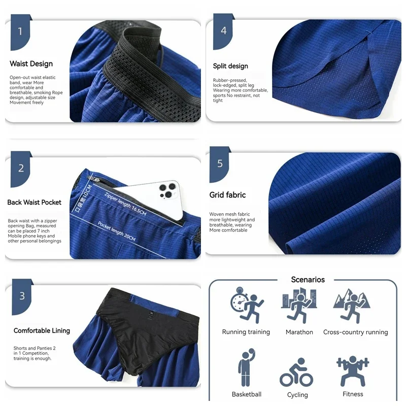 Ultralight Men Quick Dry Marathon Running Shorts with Lining Back Zipper Pocket Gym Fitness Exercise Training Loose Sport Shorts 4