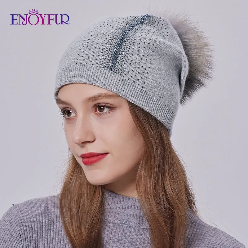 ENJOYFUR Women Winter Real Fur Pom Pom Hat Warm Cashmere Wool Knit