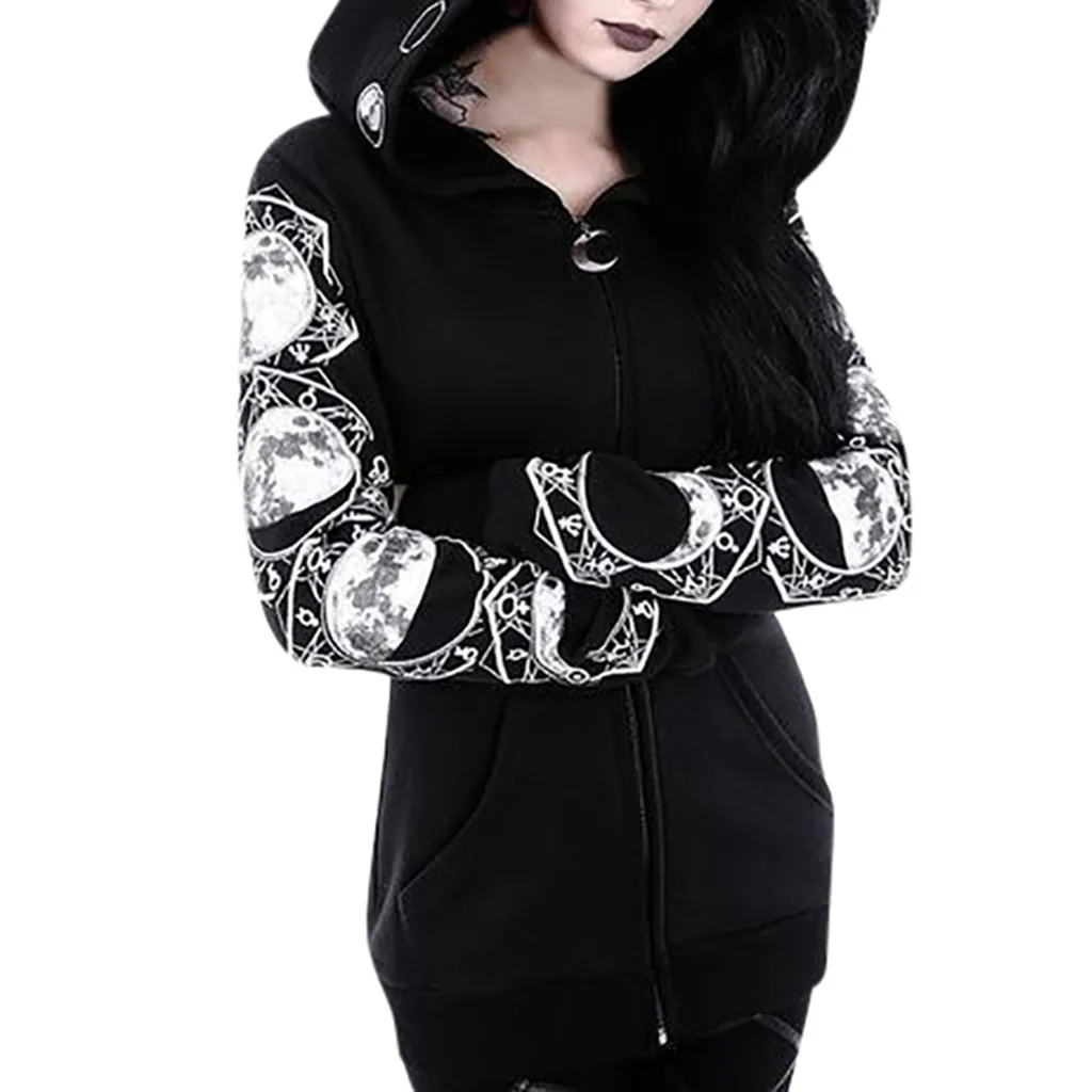 

Gothic Punk Women Hoodies Witch Halloween Moon Print Long Sweatshirts 5xl Long Sleeve Zipeer Jacket Oversize Y2k Athletic Sudade