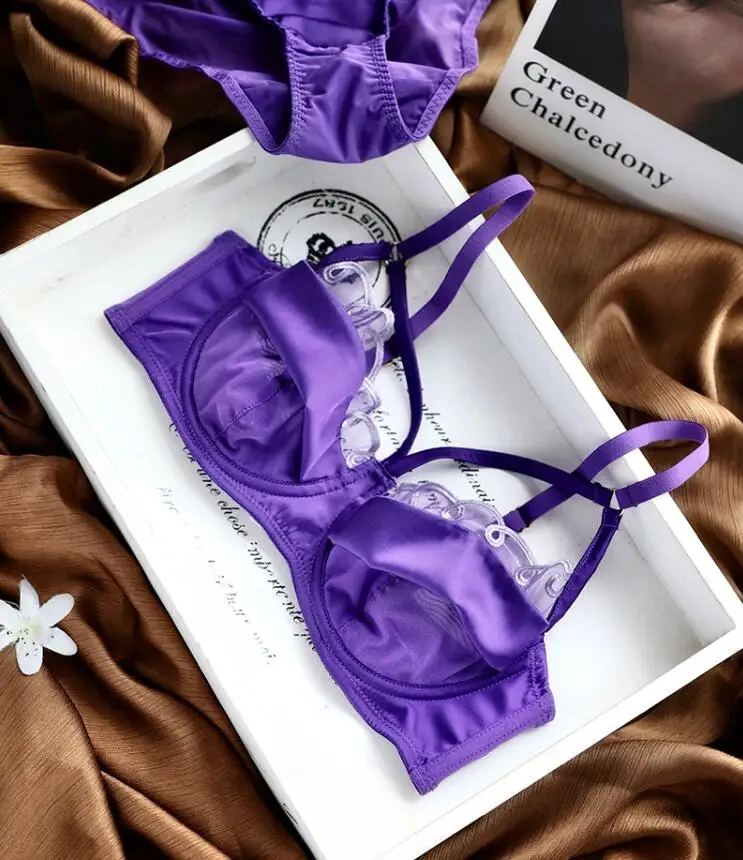 Sexy underwear women bras satin mesh splicing ultra-thin lingerie set double-breasted top support transparent bra