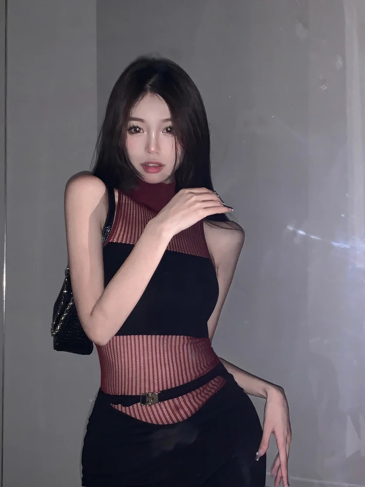 

ADAgirl Y2k Aesthetics Knitted T-shirt Women Contrast Turtleneck Sleeveless Tank Tops Korean Fashion Sexy Crop Top 2023 Summer