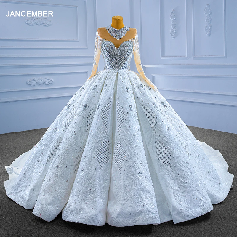 Luxury Wedding Dress For Bride Long Sleeve Ball Gown Crystal Stones Blackless High Neck RSM67558 Vestidos De Novia 2022 1